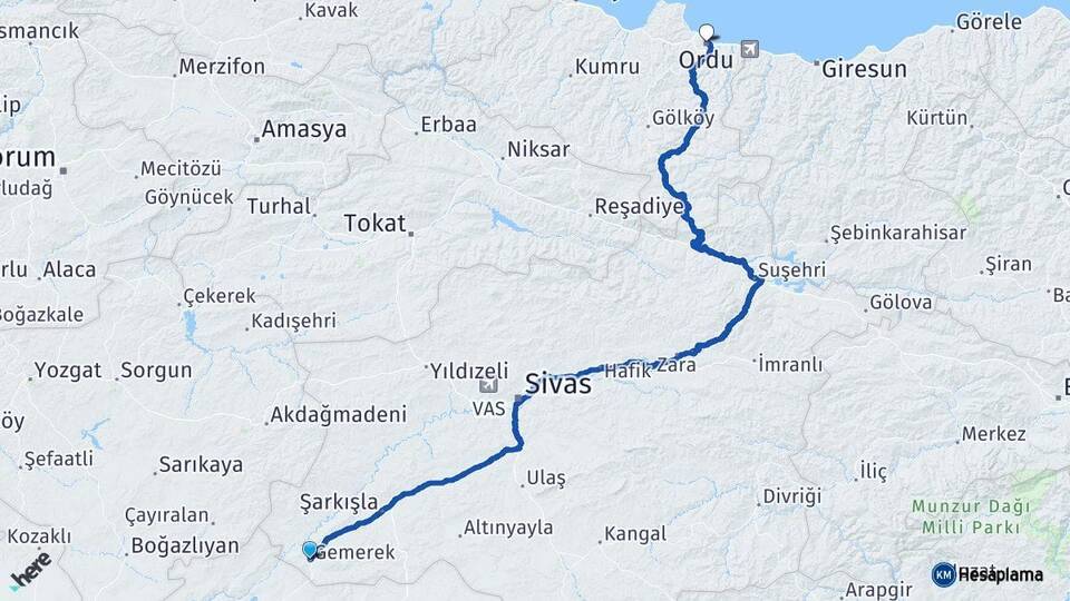 Sivas Gemerek Ordu Arası Kaç Km - Yol Haritası