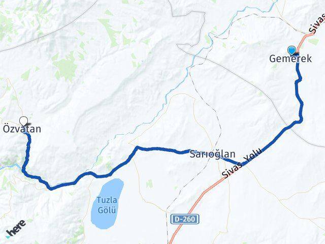 Sivas Gemerek Özvatan Kayseri Arası Kaç Km - Yol Haritası