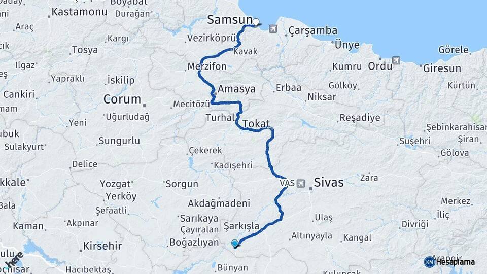 Sivas Gemerek Samsun Arası Kaç Km - Yol Haritası