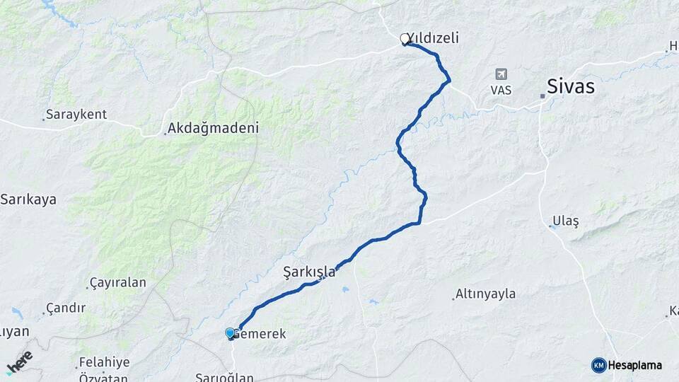 Sivas Gemerek Yıldızeli Arası Kaç Km - Yol Haritası