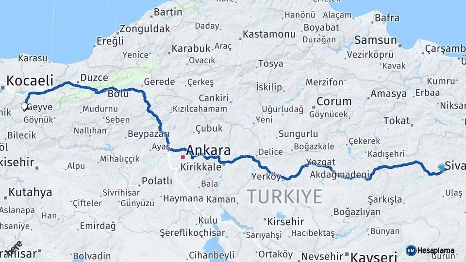Sivas Geyve Sakarya Arası Kaç Km - Yol Haritası