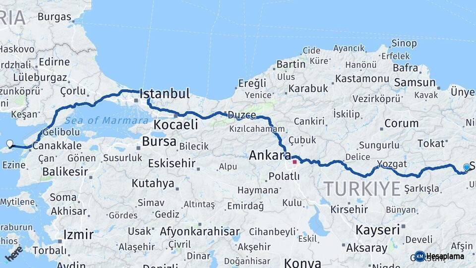 Sivas Gökçeada Çanakkale Arası Kaç Km - Yol Haritası