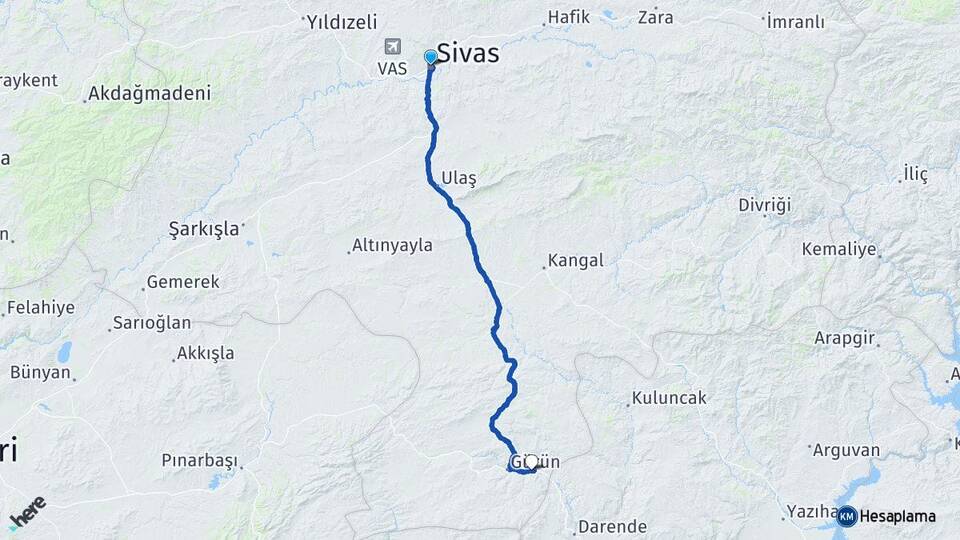 Sivas Gökpınar Gürün Arası Kaç Km - Yol Haritası