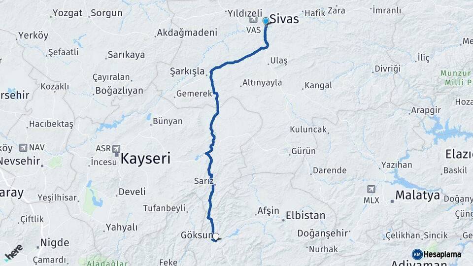 Sivas Göksun Kahramanmaraş Arası Kaç Km - Yol Haritası