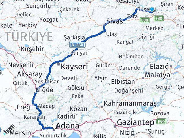 Sivas Gölova Adana Arası Kaç Km - Yol Haritası