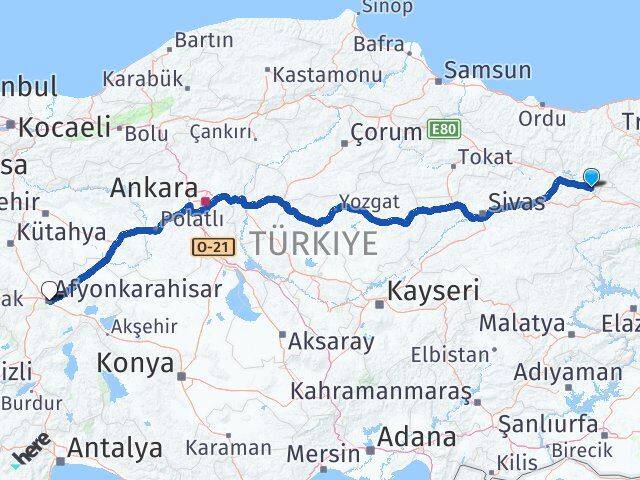 Sivas Gölova Afyonkarahisar Arası Kaç Km - Yol Haritası