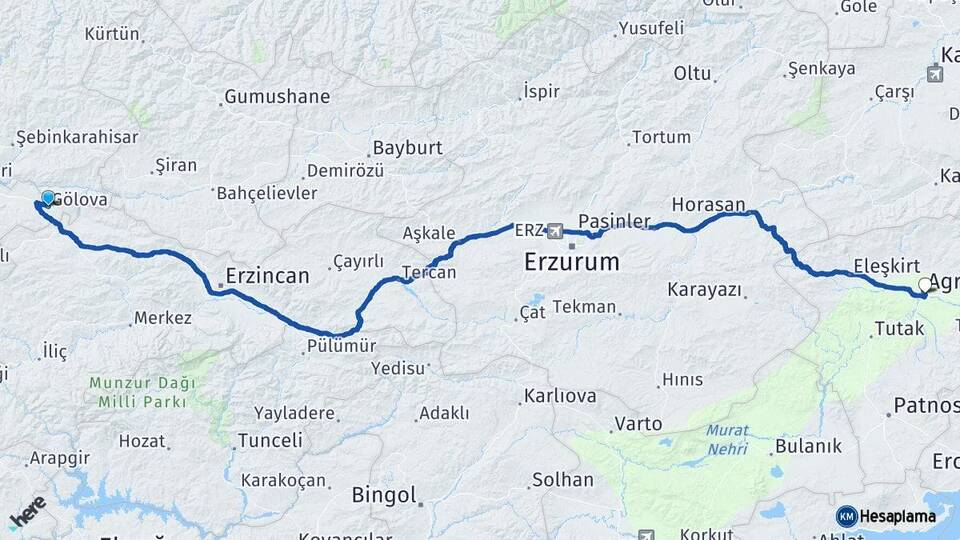 Sivas Gölova Ağrı Arası Kaç Km - Yol Haritası