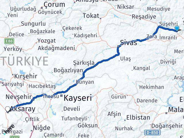 Sivas Gölova Aksaray Arası Kaç Km - Yol Haritası
