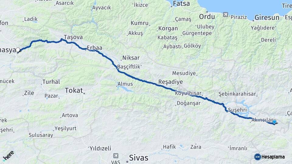 Sivas Gölova Amasya Arası Kaç Km - Yol Haritası