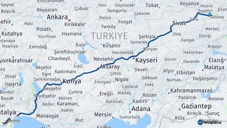 Sivas Gölova Antalya Arası Kaç Km - Yol Haritası
