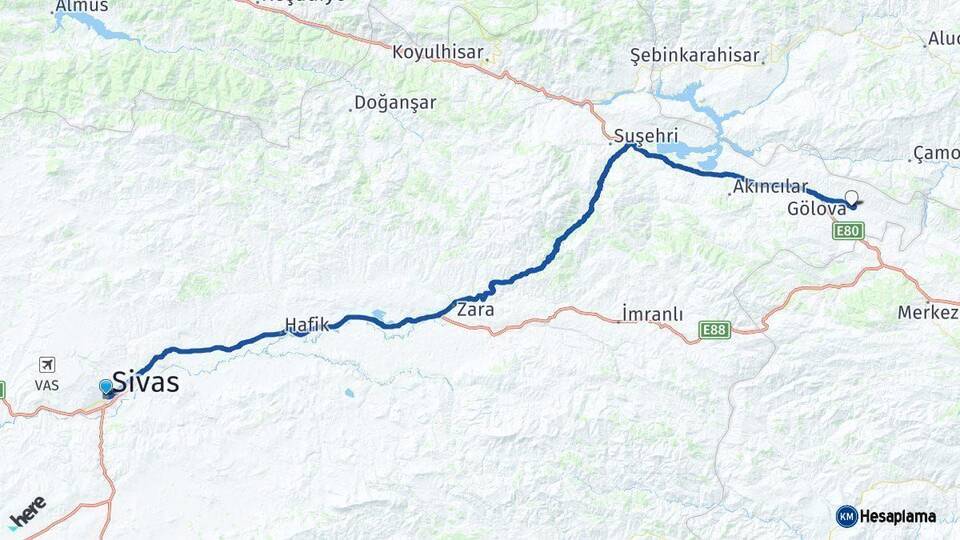 Sivas Gölova Arası Kaç Km - Yol Haritası