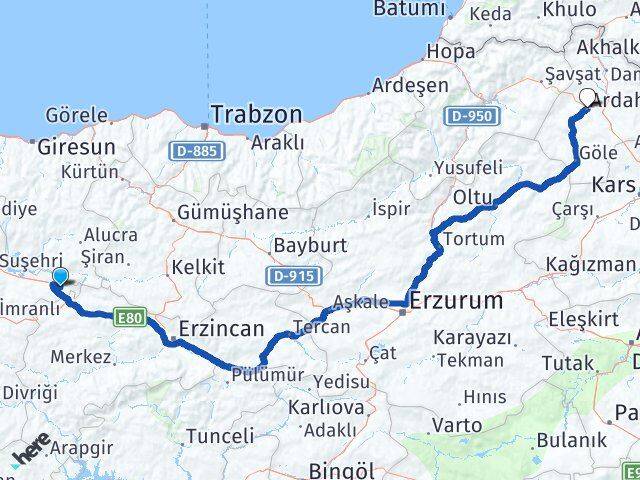 Sivas Gölova Ardahan Arası Kaç Km - Yol Haritası