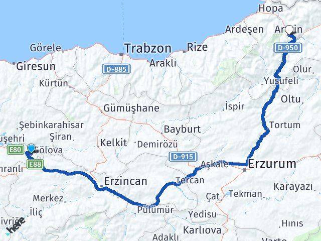 Sivas Gölova Artvin Arası Kaç Km - Yol Haritası