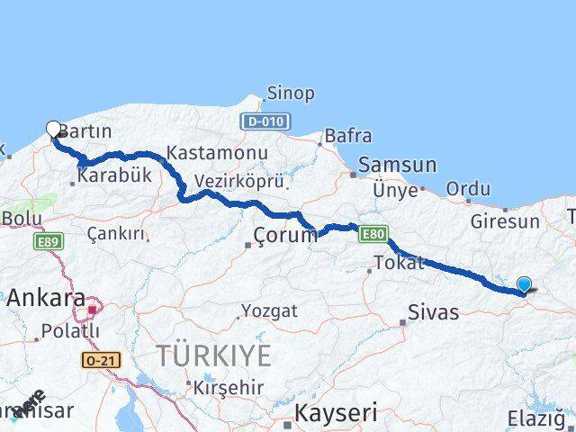 Sivas Gölova Bartın Arası Kaç Km - Yol Haritası