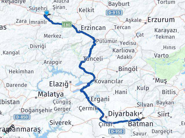 Sivas Gölova Batman Arası Kaç Km - Yol Haritası
