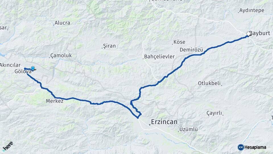 Sivas Gölova Bayburt Arası Kaç Km - Yol Haritası
