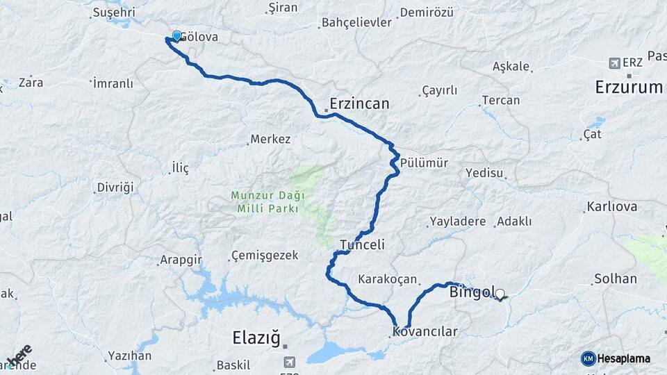 Sivas Gölova Bingöl Arası Kaç Km - Yol Haritası