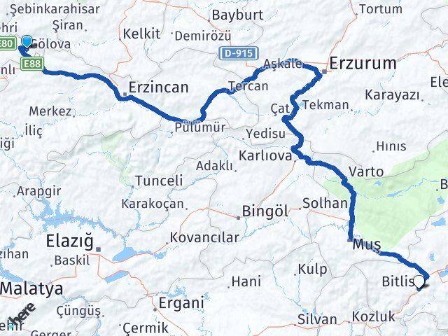 Sivas Gölova Bitlis Arası Kaç Km - Yol Haritası