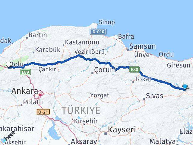 Sivas Gölova Bolu Arası Kaç Km - Yol Haritası