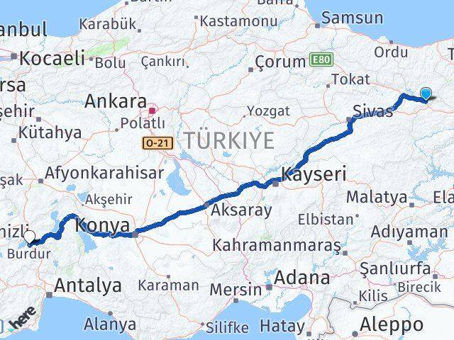 Sivas Gölova Burdur Arası Kaç Km - Yol Haritası