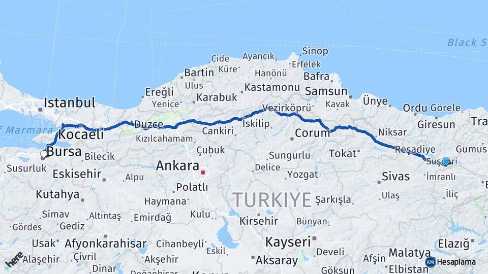 Sivas Gölova Bursa Arası Kaç Km - Yol Haritası