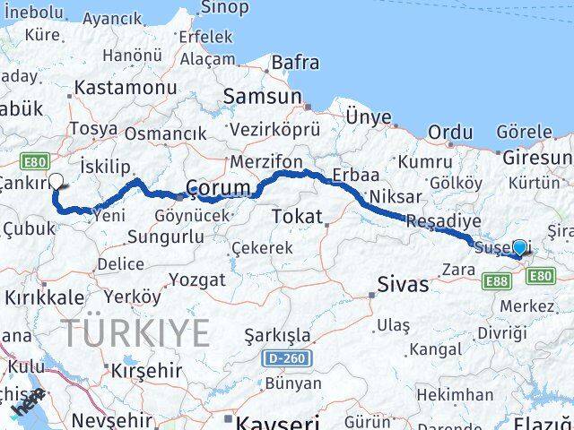 Sivas Gölova Çankırı Arası Kaç Km - Yol Haritası