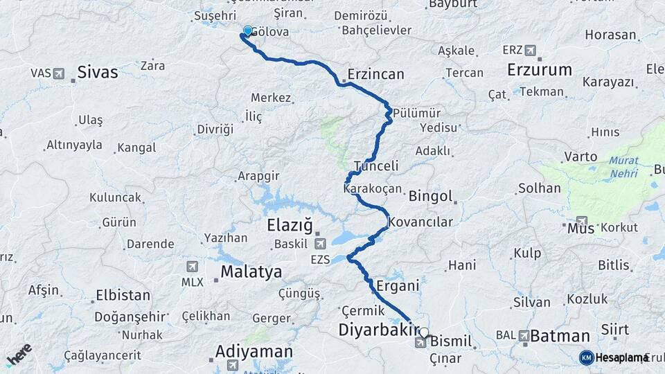 Sivas Gölova Diyarbakır Arası Kaç Km - Yol Haritası