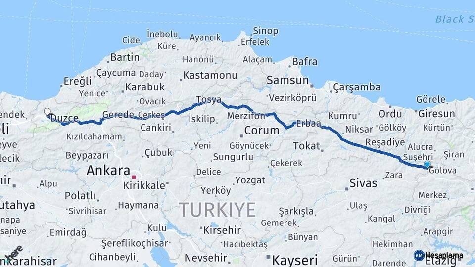 Sivas Gölova Düzce Arası Kaç Km - Yol Haritası