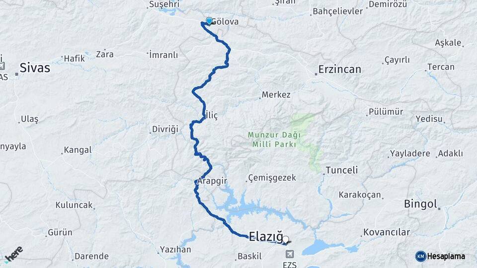 Sivas Gölova Elazığ Arası Kaç Km - Yol Haritası