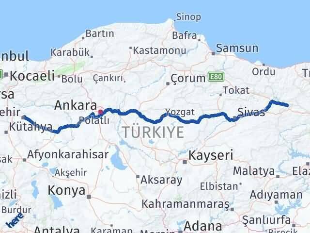 Sivas Gölova Eskişehir Arası Kaç Km - Yol Haritası