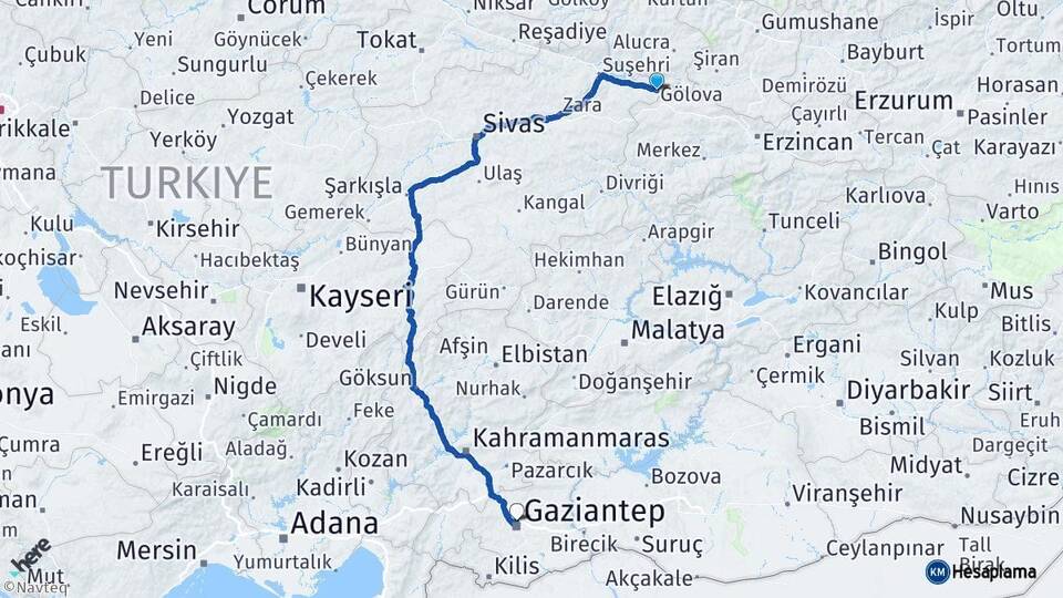 Sivas Gölova Gaziantep Arası Kaç Km - Yol Haritası
