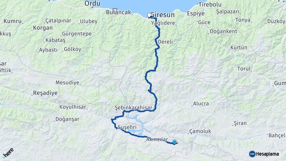 Sivas Gölova Giresun Arası Kaç Km - Yol Haritası
