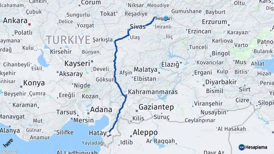 Sivas Gölova Hatay Arası Kaç Km - Yol Haritası