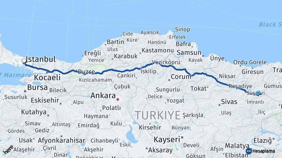 Sivas Gölova İstanbul Arası Kaç Km - Yol Haritası