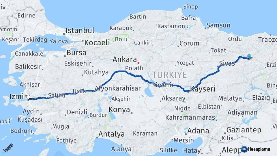 Sivas Gölova İzmir Arası Kaç Km - Yol Haritası