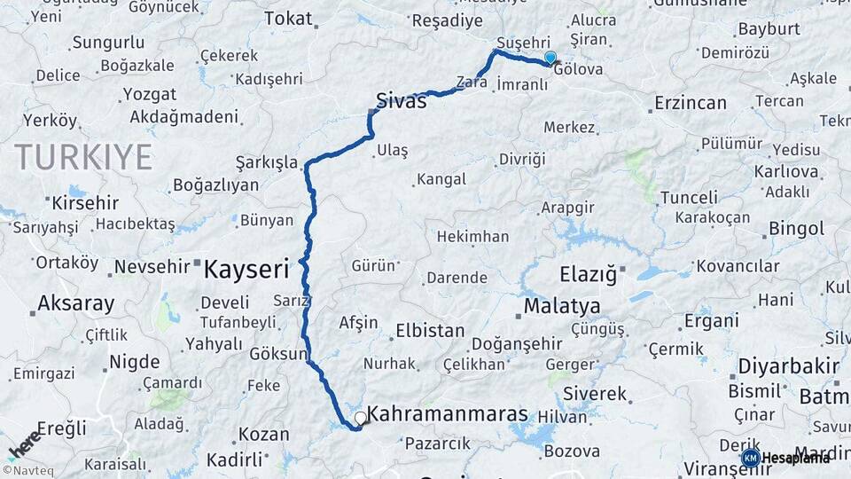 Sivas Gölova Kahramanmaraş Arası Kaç Km - Yol Haritası