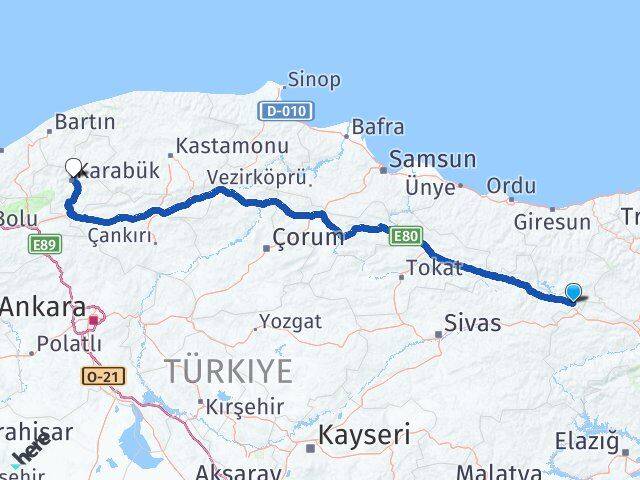Sivas Gölova Karabük Arası Kaç Km - Yol Haritası