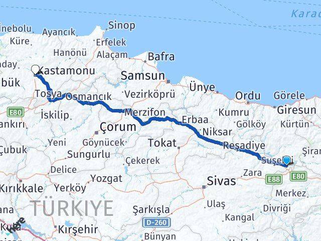 Sivas Gölova Kastamonu Arası Kaç Km - Yol Haritası