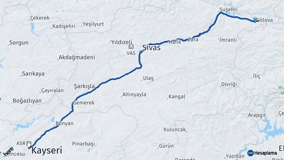 Sivas Gölova Kayseri Arası Kaç Km - Yol Haritası