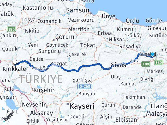 Sivas Gölova Kırıkkale Arası Kaç Km - Yol Haritası