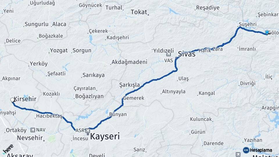 Sivas Gölova Kırşehir Arası Kaç Km - Yol Haritası