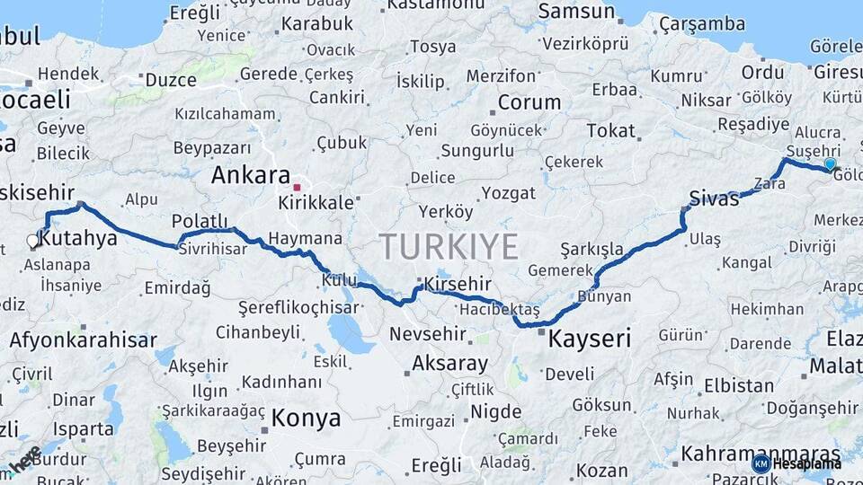 Sivas Gölova Kütahya Arası Kaç Km - Yol Haritası