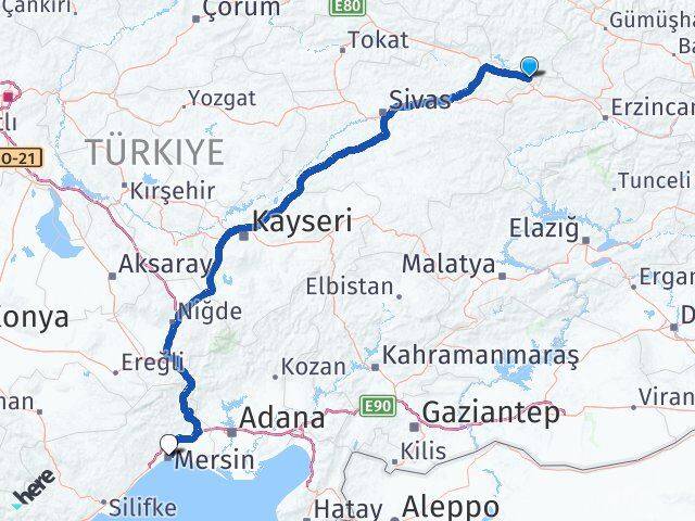 Sivas Gölova Mersin Arası Kaç Km - Yol Haritası