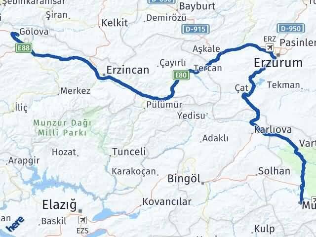 Sivas Gölova Muş Arası Kaç Km - Yol Haritası