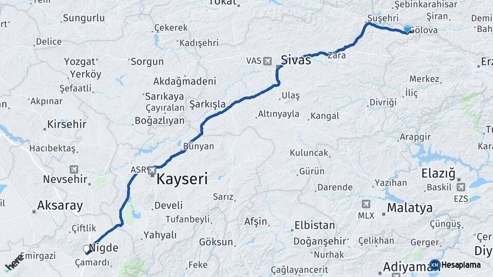 Sivas Gölova Niğde Arası Kaç Km - Yol Haritası