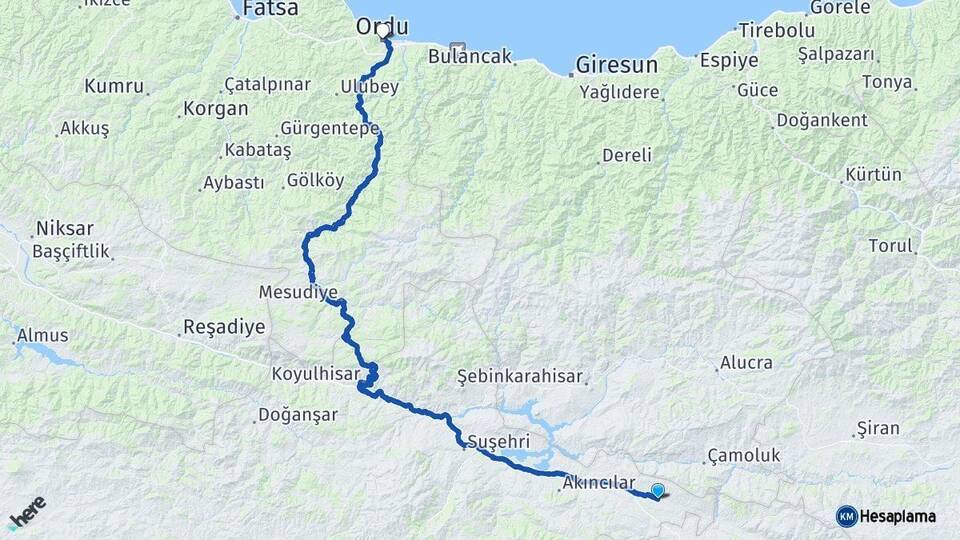 Sivas Gölova Ordu Arası Kaç Km - Yol Haritası