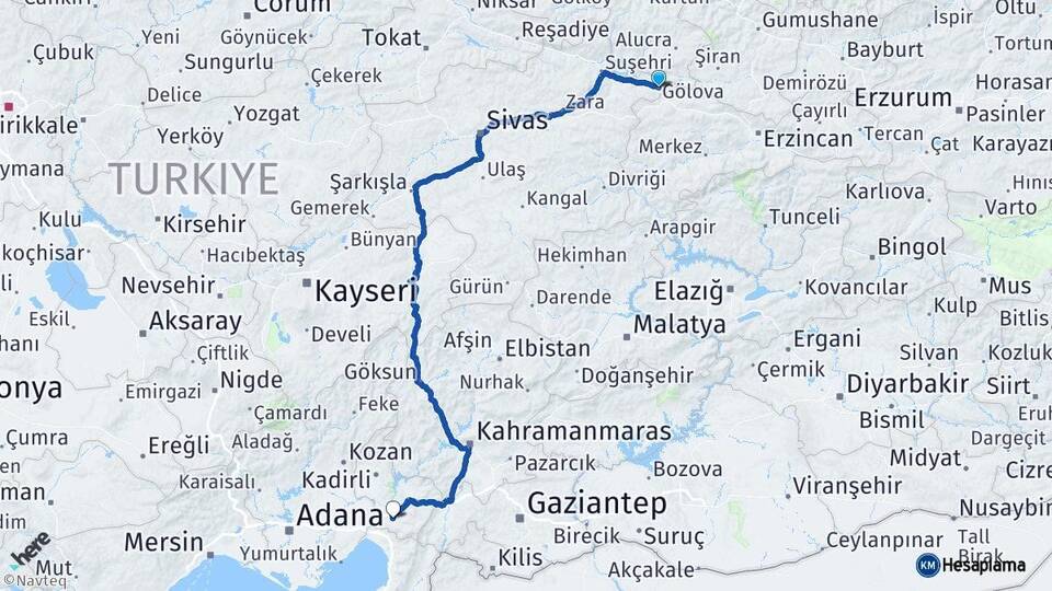 Sivas Gölova Osmaniye Arası Kaç Km - Yol Haritası