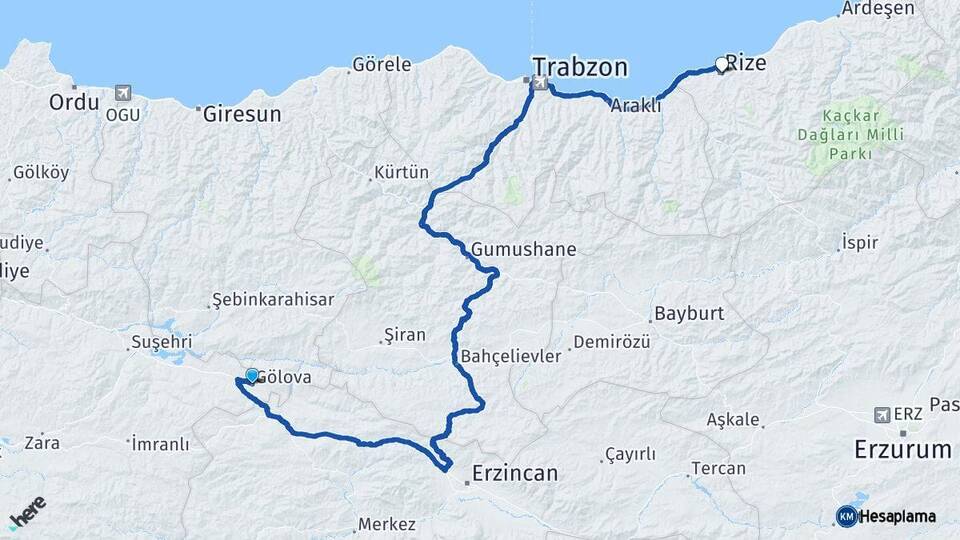 Sivas Gölova Rize Arası Kaç Km - Yol Haritası