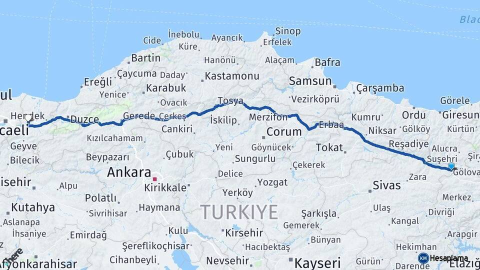 Sivas Gölova Sakarya Arası Kaç Km - Yol Haritası