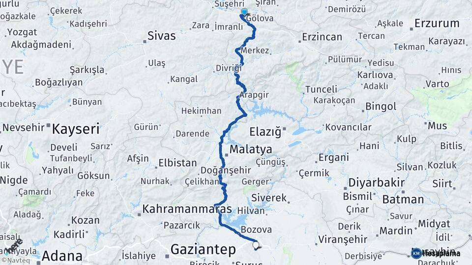 Sivas Gölova Şanlıurfa Arası Kaç Km - Yol Haritası